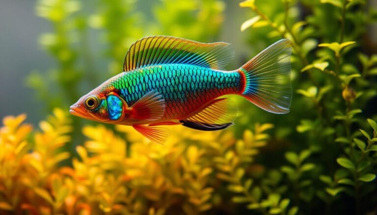 Peacock Gudgeon: Nature’s Living Jewel in Your Aquarium Imagine having a piece of Papua New Guinea's beauty in your home. The peacock gudgeon, or tateurndina ocellicauda peacock gudgeon, brings vibrant colors and striking looks. It's a favorite among aquarium fans because it's peaceful and easy to care for. peacock gudgeon With the right care, the peacock gudgeon can shine in your aquarium. It's native to Papua New Guinea and has stunning blue bodies with yellow and red accents. It's perfect for anyone wanting to add natural beauty to their tank. Introduction to the Stunning Peacock Gudgeon The peacock gudgeon comes from the freshwater streams and rivers of Papua New Guinea. It lives in areas with lots of plants and slow water. This special place has made the peacock gudgeon very interesting for aquarium fans. Its body is long and thin, with a special fin on its back. The males have a bright blue-green color. This makes the peacock gudgeon a beautiful sight in any aquarium. Natural Habitat and Origin In the wild, peacock gudgeons live among plants and algae. This helps them find food and stay safe. They also like slow-moving water, which helps them save energy. peacock gudgeon Physical Characteristics The peacock gudgeon is known for its looks. Males are bright blue-green, while females are more brown and beige. They have a long body and a special fin. They are also small, which makes them easy to care for. Typical Lifespan Peacock gudgeons can live for 4-5 years in captivity. With the right food and water, they can do well in aquariums. Their long life and beautiful colors make them a favorite among aquarium lovers. Setting Up the Perfect Peacock Gudgeon Tank To make a great home for your peacock gudgeon, you need a well-thought-out tank. A 10-gallon tank is a good start. It should have hiding spots, rocks, and driftwood for safety. The tank should also have plants for swimming and hiding. For peacock gudgeon care, keep the water between 72°F and 79°F. The pH should be slightly acidic to neutral. A peacock gudgeon tank with these conditions will keep your fish happy. Here are some key considerations for setting up your peacock gudgeon tank: Minimum tank size: 10 gallons Temperature range: 72°F to 80°F pH level: 6.0 to 7.8 Water hardness: 5-12 dKH peacock gudgeon tank By following these guidelines, you can enjoy your peacock gudgeon's colors and personality. Make sure you understand their needs to keep them happy in their new home. Water Parameters and Maintenance Requirements To keep your Peacock Gudgeon healthy, you need to get the water right. The best temperature is between 71.6-78.8°F (22-26°C). The pH should be between 6-7.2, and the water hardness should be soft to medium-hard, up to 12 degrees. Changing the water regularly is key. Aim for a 10-15% change every week. This keeps the water clean and stable. It's important for your Peacock Gudgeon's health and happiness. peacock gudgeon water parameters Temperature: 71.6-78.8°F (22-26°C) pH: 6-7.2 Water hardness: soft to medium-hard (up to 12 dH) Water change schedule: 10-15% every week By following these tips, you can keep your Peacock Gudgeon happy and healthy. Good maintenance and the right water conditions are key. This way, your Peacock Gudgeon can thrive in its environment. Feeding Your Peacock Gudgeon It's key to give your peacock gudgeon a balanced diet. They eat small invertebrates like insect larvae in the wild. In your tank, use a mix of commercial food, including flakes, pellets, and live or frozen foods. Make sure their diet has both protein-rich and vegetable-based foods. Good options are bloodworms, brine shrimp, and daphnia. You can also add commercial foods like JBL Granocolor, which has molluscs, crustaceans, and fish protein. Feed your peacock gudgeons 2-3 times a day. Give them small amounts each time to avoid overfeeding. A varied diet with live, frozen, and commercial foods will keep them healthy. Natural Diet Preferences Peacock gudgeons naturally prefer meaty foods. In your tank, offer them protein-rich foods like insect larvae and tiny crustaceans. Commercial Food Options There are many commercial foods for peacock gudgeons, like flakes, pellets, and frozen or live foods. JBL Granocolor is a popular choice, with molluscs, crustaceans, and fish protein. Feeding Schedule Feed your peacock gudgeons 2-3 times a day. Give them small amounts each time to avoid overfeeding. A varied diet with live, frozen, and commercial foods will keep them healthy. Tank Mates and Community Behavior Choosing the right peacock gudgeon tank mates is key. Look for peaceful and non-competitive species. Peacock gudgeons are calm and can live with other small, peaceful fish. Good tank mates include small catfish, loaches, and peaceful tetras. These fish are good because they swim at different levels and need similar water. A well-thought-out peacock gudgeon community can make your aquarium beautiful and lively. It's important to research which species get along well. For example, halfbeaks and ricefish are great because they swim near the surface. Whiptails, being slow movers, also fit well with peacock gudgeons. Here are some tips for a thriving peacock gudgeon community: Choose peaceful and non-competitive species Research the compatibility of different species and their specific needs Provide a variety of swimming levels and hiding places Maintain good water quality and stable water parameters Follow these tips and pick the right tank mates. You'll have a stunning peacock gudgeon community that's fun to watch. Distinguishing Male vs Female Peacock Gudgeons Identifying peacock gudgeon sexing can be tricky, but there are clear differences. Males have a rounded head, while females have a black edge on their anal fin. These visual cues help in telling males from females. Behavior also differs between males and females. Males are more aggressive during courtship. Females are more submissive. Knowing these behaviors helps in peacock gudgeon sexing and keeping your aquarium peaceful. Size: Both males and females grow to 1-2 inches. Fins: Females have a dark edge, males do not. Behavior: Males are aggressive, females are submissive. By looking at these traits, you can better understand the differences. This helps in creating a thriving aquarium community. Breeding Peacock Gudgeons in Captivity Peacock gudgeon breeding is a complex process that needs careful planning. To boost the chances of successful spawning, a suitable environment is key. This includes a well-planted tank with flat surfaces and a separate breeding tank. The breeding tank should be kept at a temperature of 72°F to 80°F and a pH of 6.0 to 7.8. The male plays a vital role in guarding the eggs until they hatch. The female can lay between 50 and 100 eggs per spawning. The incubation period is usually 8-10 days. After hatching, the fry can be fed small live or frozen foods like brine shrimp or bloodworms. To encourage peacock gudgeon spawning, a large water change is recommended before introducing the breeding pair. A separate breeding tank with caves or protected spaces is also necessary for territory establishment. Here are some key considerations for peacock gudgeon breeding: Provide a well-planted tank with flat surfaces Maintain a temperature range of 72°F to 80°F Keep the pH range between 6.0 and 7.8 Perform a large water change before breeding Offer a diet rich in protein, including live or frozen foods By following these guidelines and creating a suitable environment, you can increase the chances of successful peacock gudgeon breeding and spawning. With proper care and attention, you can enjoy the rewarding experience of raising these beautiful fish in captivity. Common Health Issues and Prevention Keeping peacock gudgeons healthy is key to their well-being in your aquarium. They are generally tough but can get sick with fin rot and fungal infections. Regular water changes, a balanced diet, and a clean tank can prevent these problems. Watching your peacock gudgeon's health closely is vital. If you see any signs of illness, get vet advice fast. Common issues include ich, worms, parasites, hole-in-head disease, and gill flukes. A good diet and the right water conditions can help avoid these. To prevent disease, focus on a clean and healthy environment. This means regular water changes, a balanced diet, and a clean tank. By doing these things, you can keep your peacock gudgeons happy and healthy. Feed them a varied and nutritious diet with high-quality foods Keep the water just right, with the right temperature, pH, and hardness Change the water regularly to keep the tank clean Watch your fish closely and get vet help if they get sick By following these tips and being proactive about health, you can prevent diseases. Always put your peacock gudgeons' health first and seek expert advice if needed. Creating a Natural Habitat with Plants and Decorations To make a great home for your peacock gudgeon, you need to mimic their natural habitat. Use plants like Java moss, Anacharis, and Amazon swords. These plants offer both open swimming spots and dense areas. This setup makes your peacock gudgeon feel safe and happy in their tank. Choosing the right substrate, like sand or gravel, is key. Add lots of hiding spots, rocks, and plants. This helps your peacock gudgeon feel secure and reduces stress. Some good plants for their tank include: Java moss: A low-maintenance, versatile plant that can be attached to rocks or driftwood Anacharis: A fast-growing plant that helps to keep the water clean and provides a natural food source Amazon swords: A popular choice for aquariums, these plants come in a variety of shapes and sizes and can help to create a natural, balanced environment By picking the right plants and decorations, you can make a natural and lively home for your peacock gudgeon. Make sure to pick plants that fit your tank's conditions, like water temperature and pH level. This will help your peacock gudgeon stay healthy and happy. Conclusion: Why Peacock Gudgeons Make Exceptional Aquarium Residents The Peacock Gudgeon is a stunning and peaceful fish that thrives in a well-kept aquarium. Its vibrant colors and gentle nature make it a great choice for any tank. By following the care tips in this article, you can create the best home for these fish. Peacock Gudgeons are small, peaceful, and easy to care for. They get along well with many other fish, making your tank look amazing. They also don't need much food and are not prone to diseases, making them a top pick for aquariums. peacock gudgeon